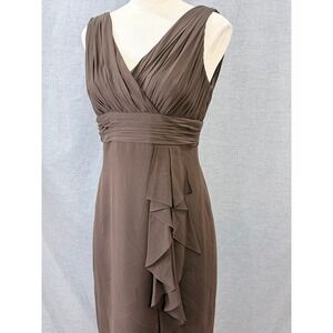 Donna Morgan 100% Silk Ruched V-Neck Cascade Ruffle Dress Mocha 8
